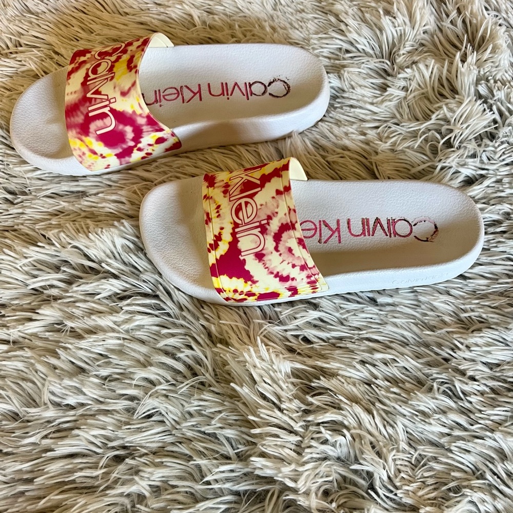 Calvin Klein Cilla Tie Dye Slider Sandals Pink & Yellow Size 6 - Picture 3 of 5